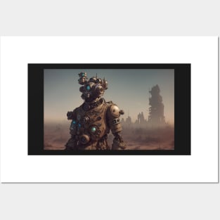 Steampunk style robot in post apocalyptic wasteland Posters and Art